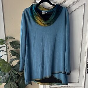 Parsley & Sage Blue w Colorful Cowl Neck Tunic Top Size XL Lagenlook Art to Wear